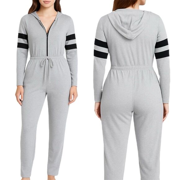 VENUS Gray Sporty Jumpsuit Active Size L Hooded Long Sleeve Black Athletic Strap - Picture 1 of 13